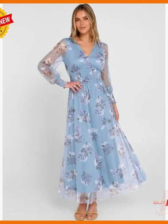 Floral Maxi Dress V Neck Puff Sleeve Long Sleeve Flowy Tulle Wedding Guest - Picture 4 of 7